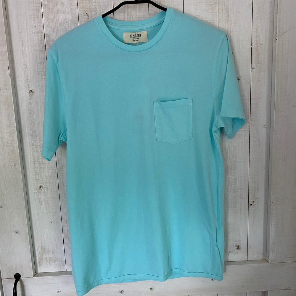 M. Singer Mens Aqua Blue Cotton Pocket T-Shirt Made in USA Small NWT
